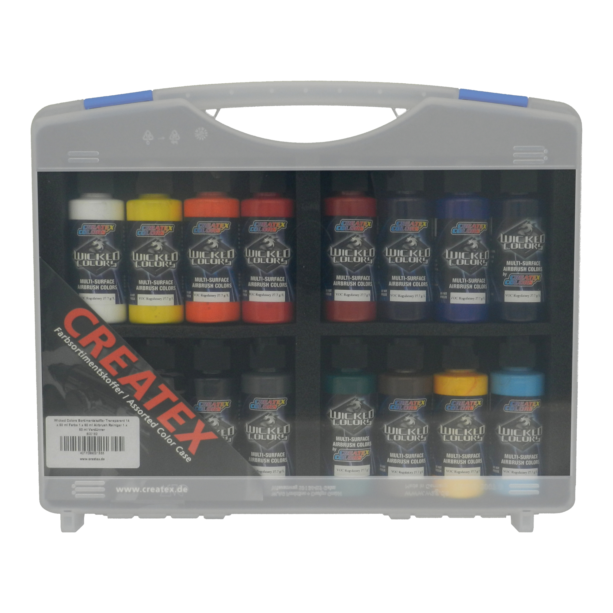 Wicked Colors Case Transparent 14 x 60 ml Paint 1 x 60 ml Airbrush Cleaner 1 x 60 ml Reducer
