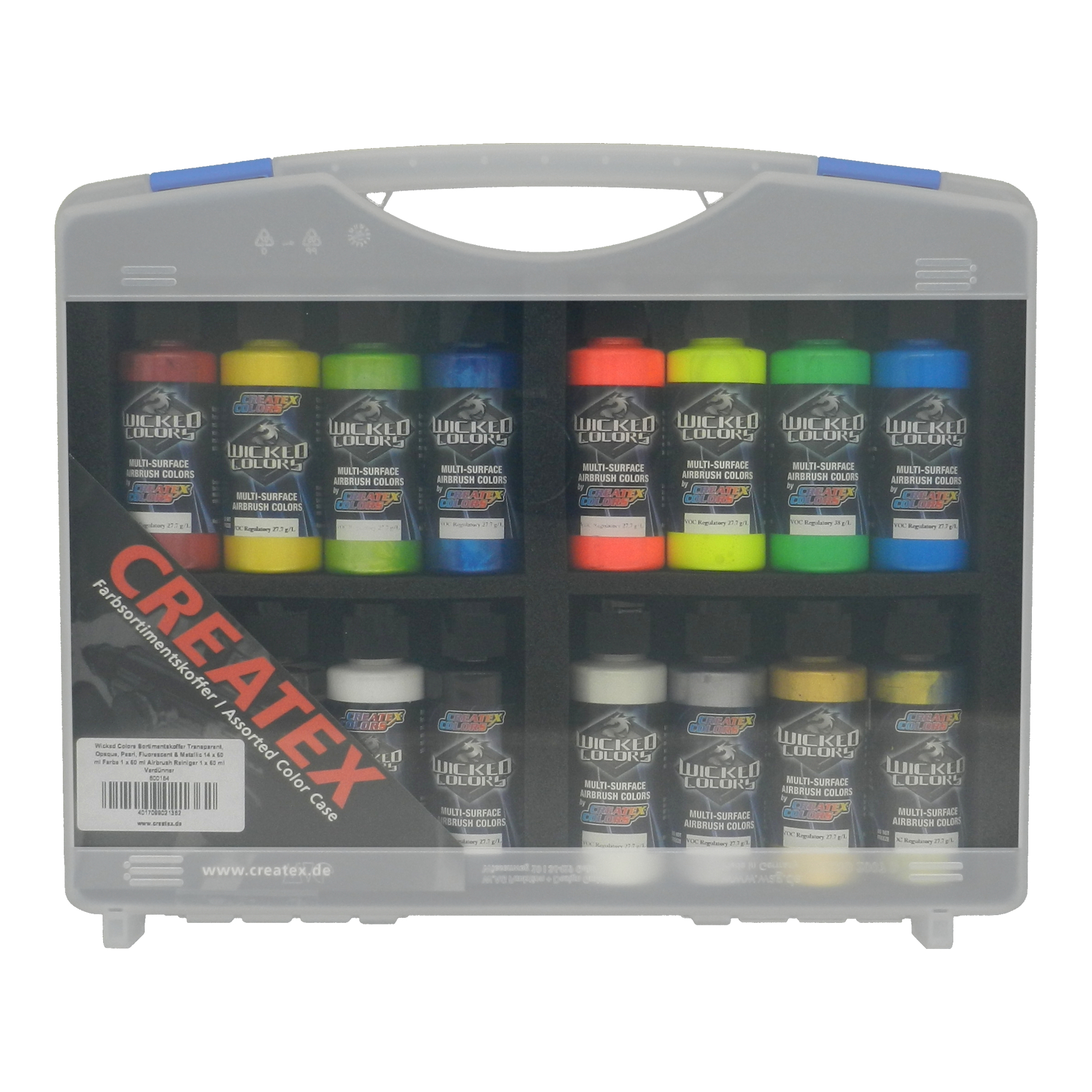 Wicked Colors Case Transparent, Opaque, Pearl, Fluorescent & Metallic 14 x 60 ml Paint 1 x 60 ml Airbrush Cleaner 1 x 60 ml Reducer