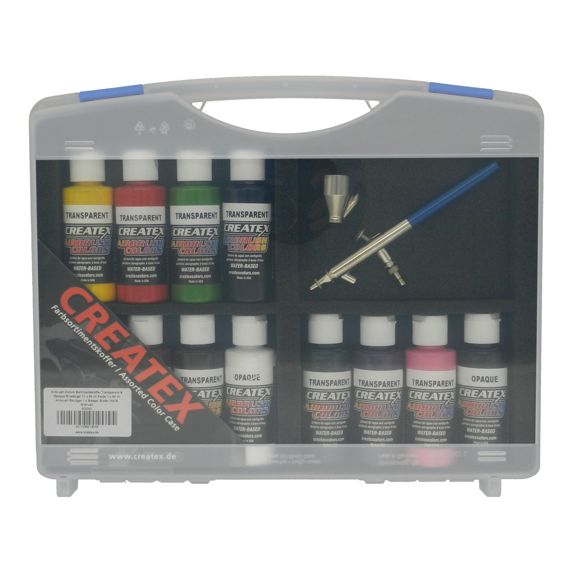 Airbrush Colors Case Transparent & Opaque Beginner 11 x 60 ml Paint 1 x 60 ml Airbrush Cleaner 1 x Badger Model 150 M Airbrush