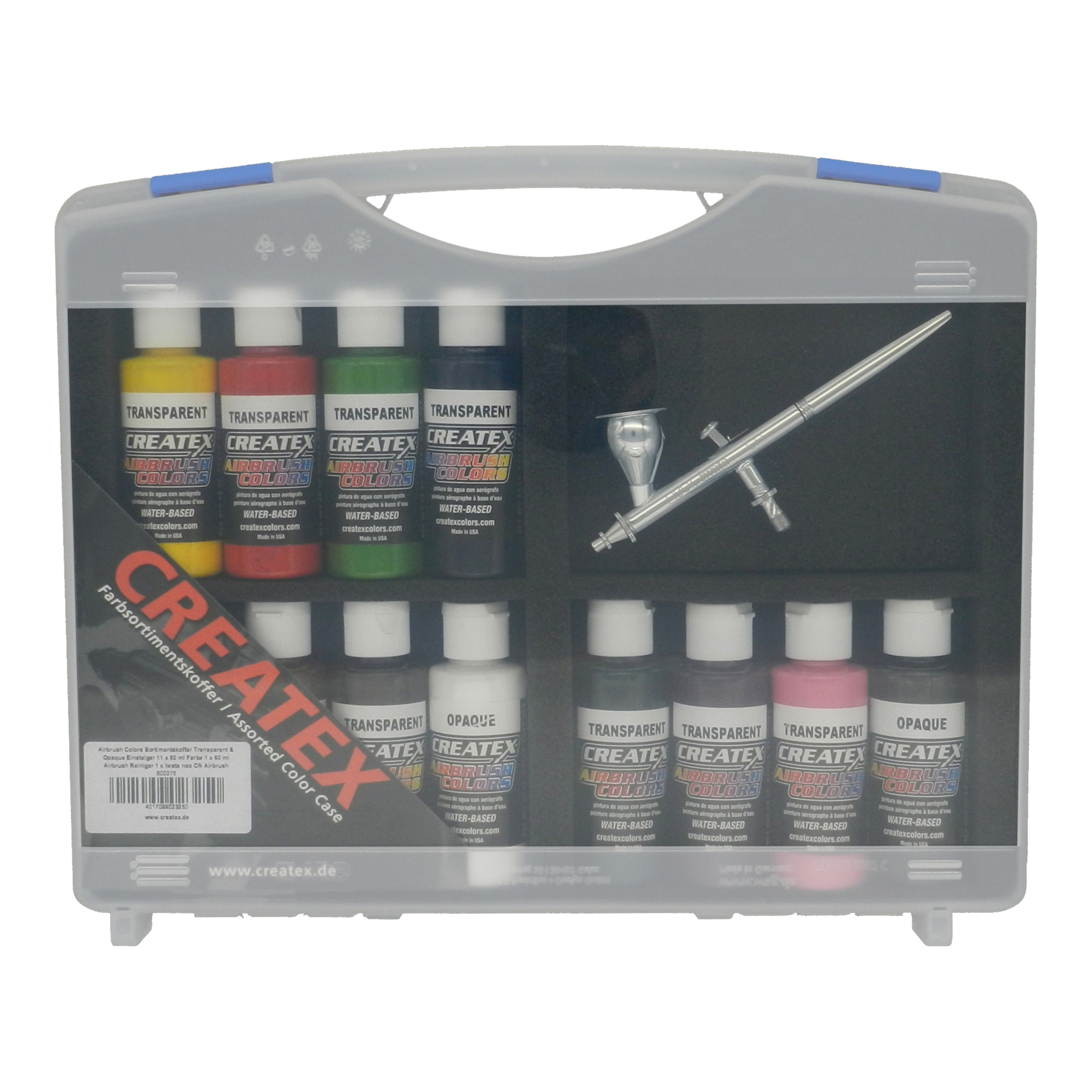 Airbrush Colors Case Transparent & Opaque Beginner 11 x 60 ml Paint 1 x 60 ml Airbrush Cleaner 1 x Iwata neo CN Airbrush