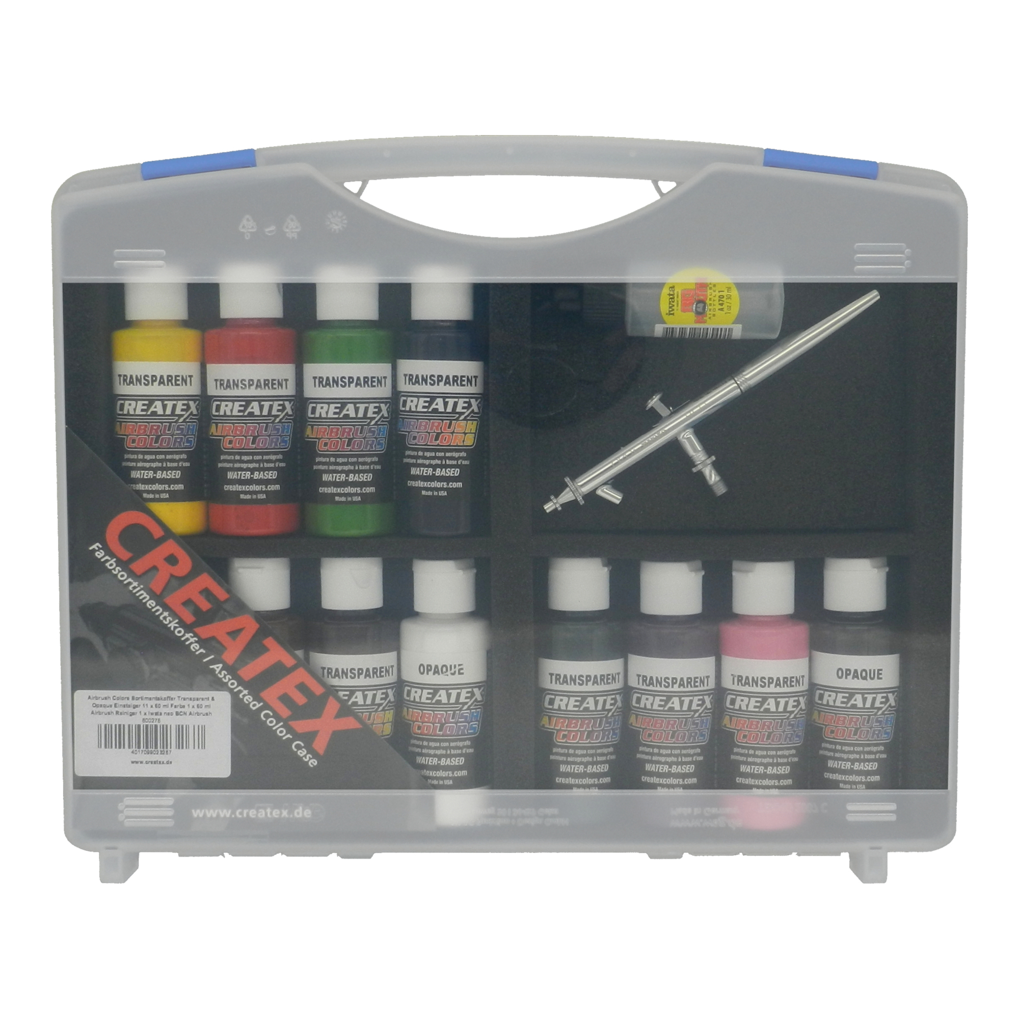 Airbrush Colors Case Transparent & Opaque Beginner 11 x 60 ml Paint 1 x 60 ml Airbrush Cleaner 1 x Iwata neo BCN Airbrush